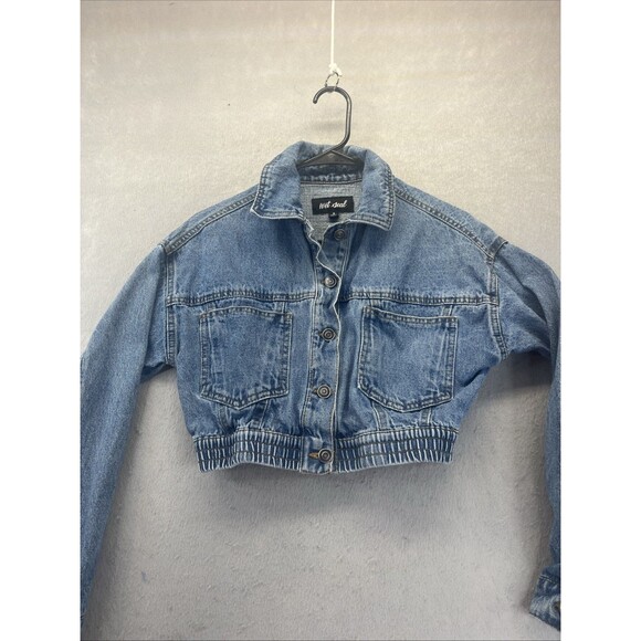 Wet Seal Blue Denim Button Front Cropped Jean Jacket S Stretch Waist Vintage Y2K - Picture 1 of 8
